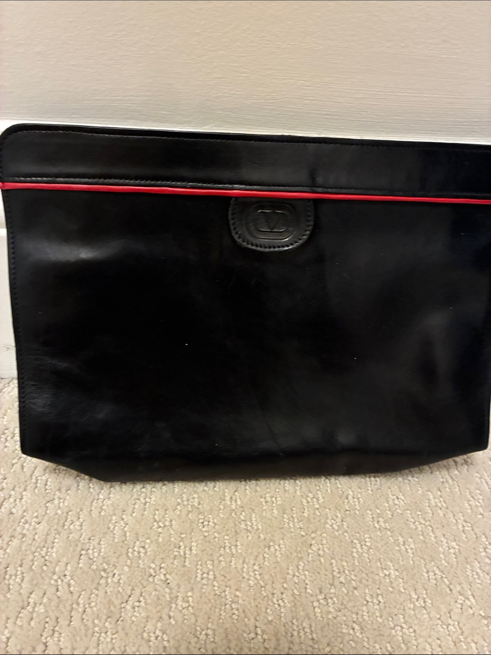 Vintage Valentino Garavani Black Leather Portfolio Clutch Bag Red Trim Unisex👝